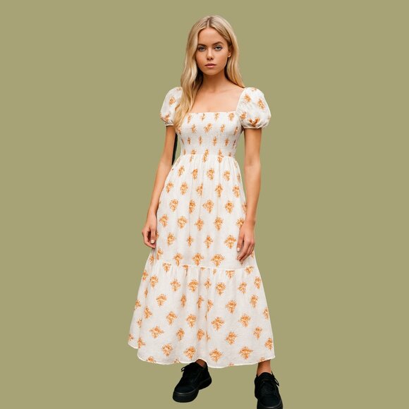 J.Crew Cream Floral Smocked Puff Sleeve Midi Dress – Size M - Picture 1 of 7